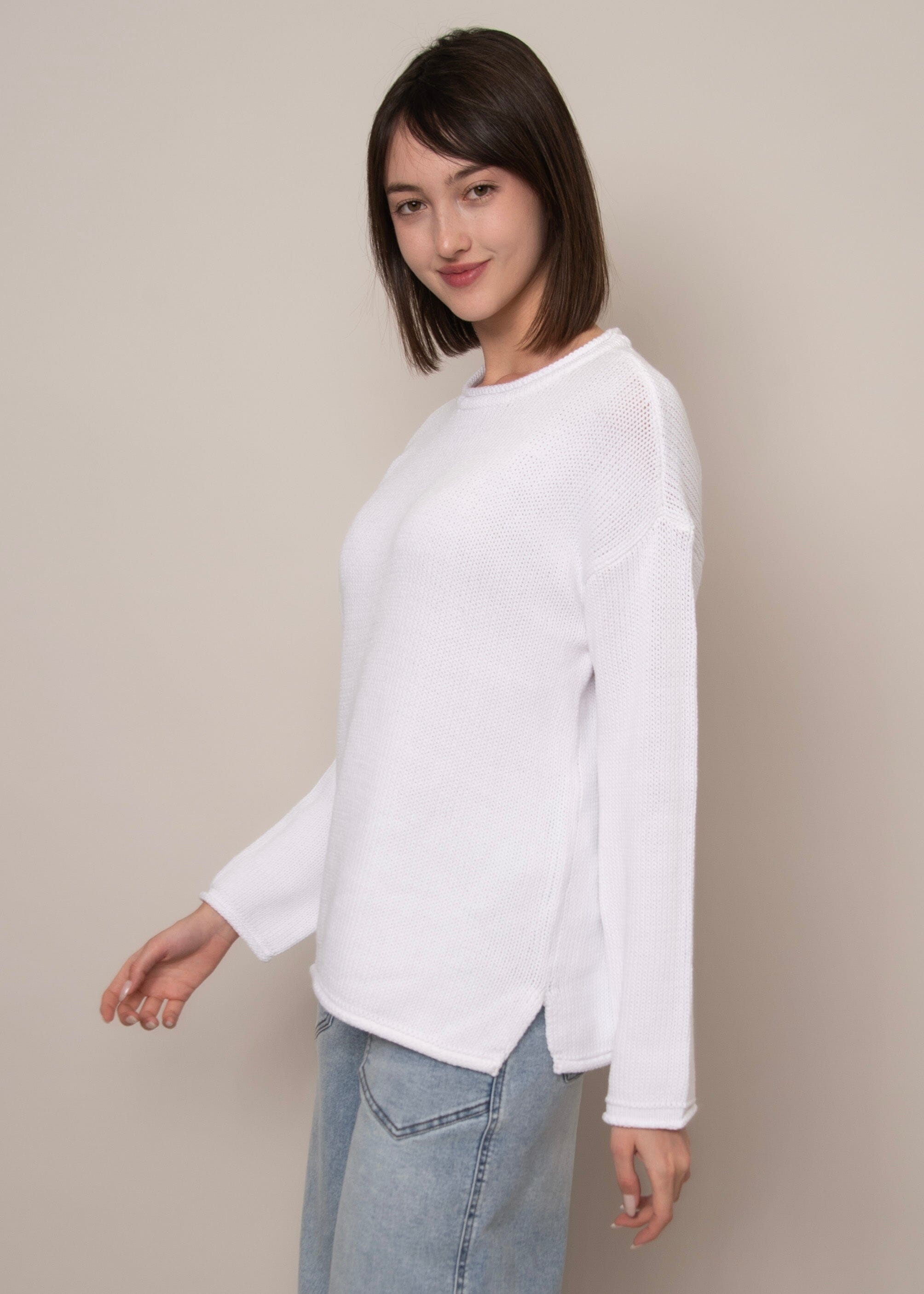 lightweight white knit top, women textured knit sweater