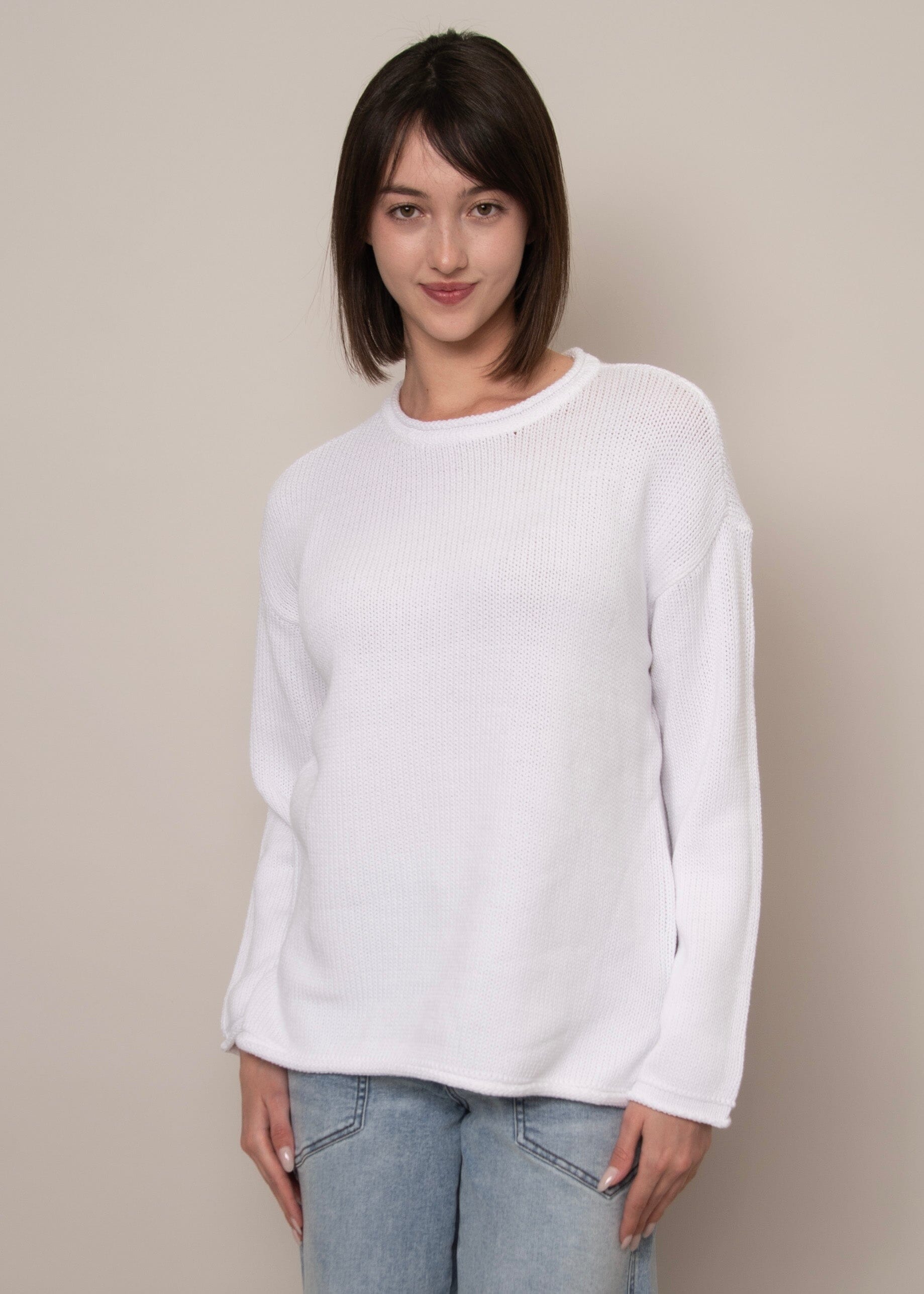 spring white sweater women, timeless crew neck knit