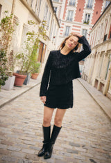 women’s spark jacket, statement black holiday top, party ready black jacket