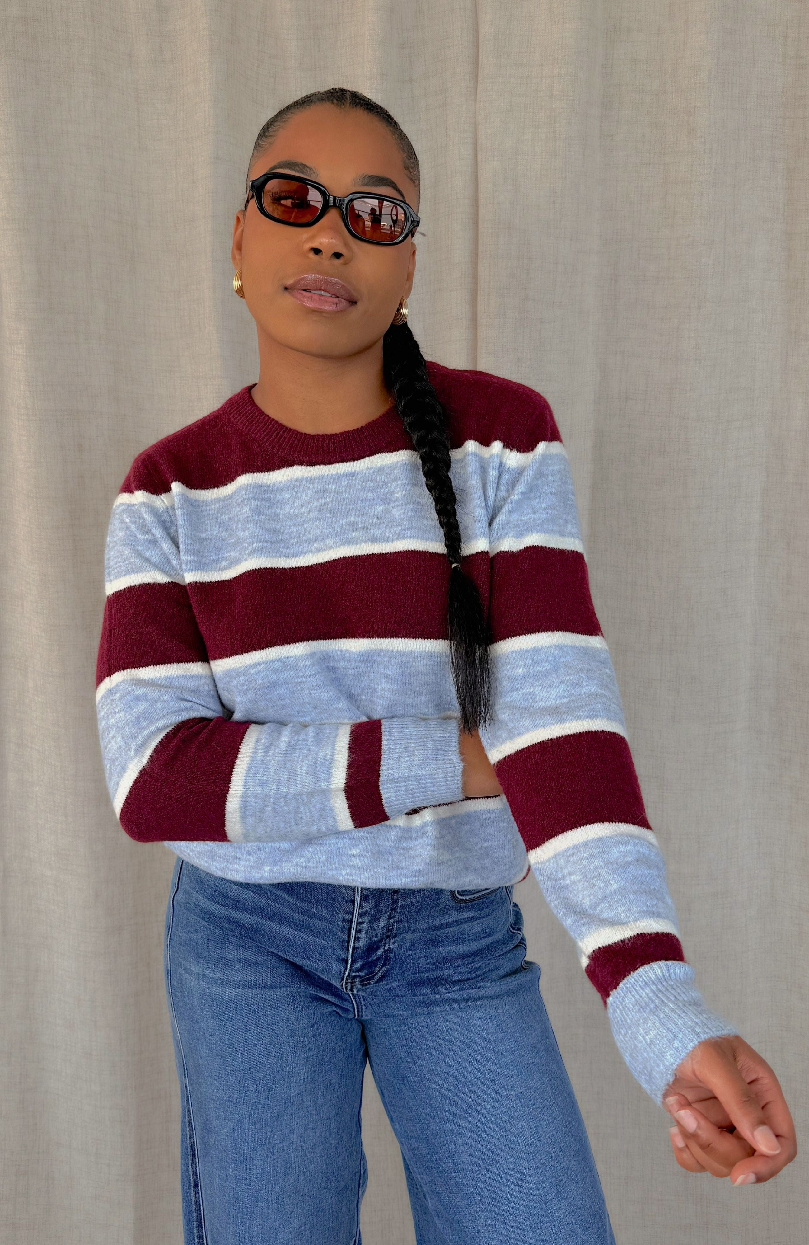 LIGHT KNIT STRIPE SWEATER (BURGUNDY+BLUE)