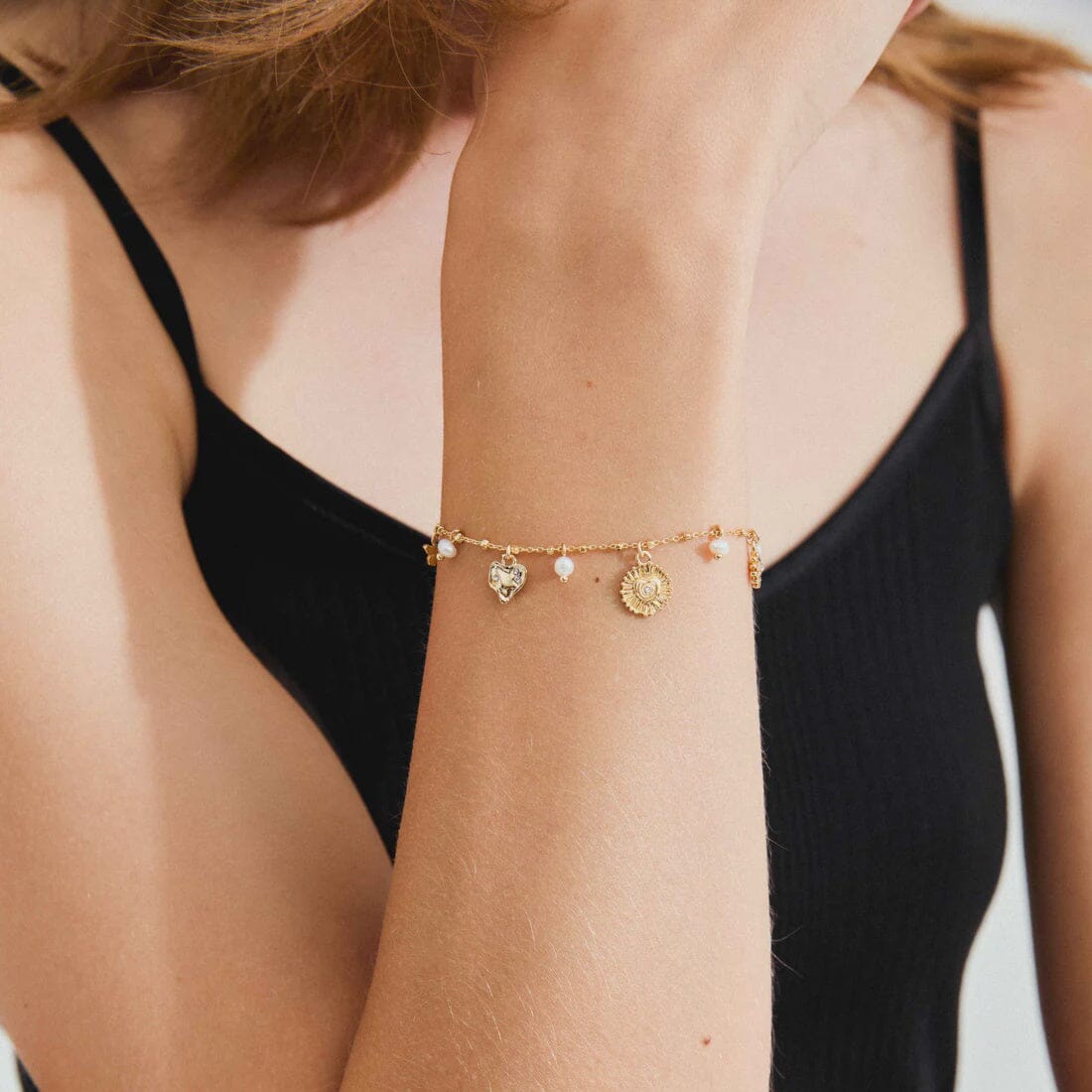 MYLAN CRYSTAL CHARMS BRACELET, PILGRIM, gold charm bracelet, crystal charm bracelet