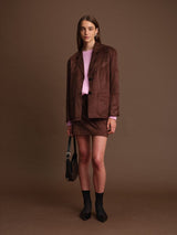 CHOCOLATE SUEDE BLAZER, DELUC , brown faux suede blazer, chocolate tailored jacket
