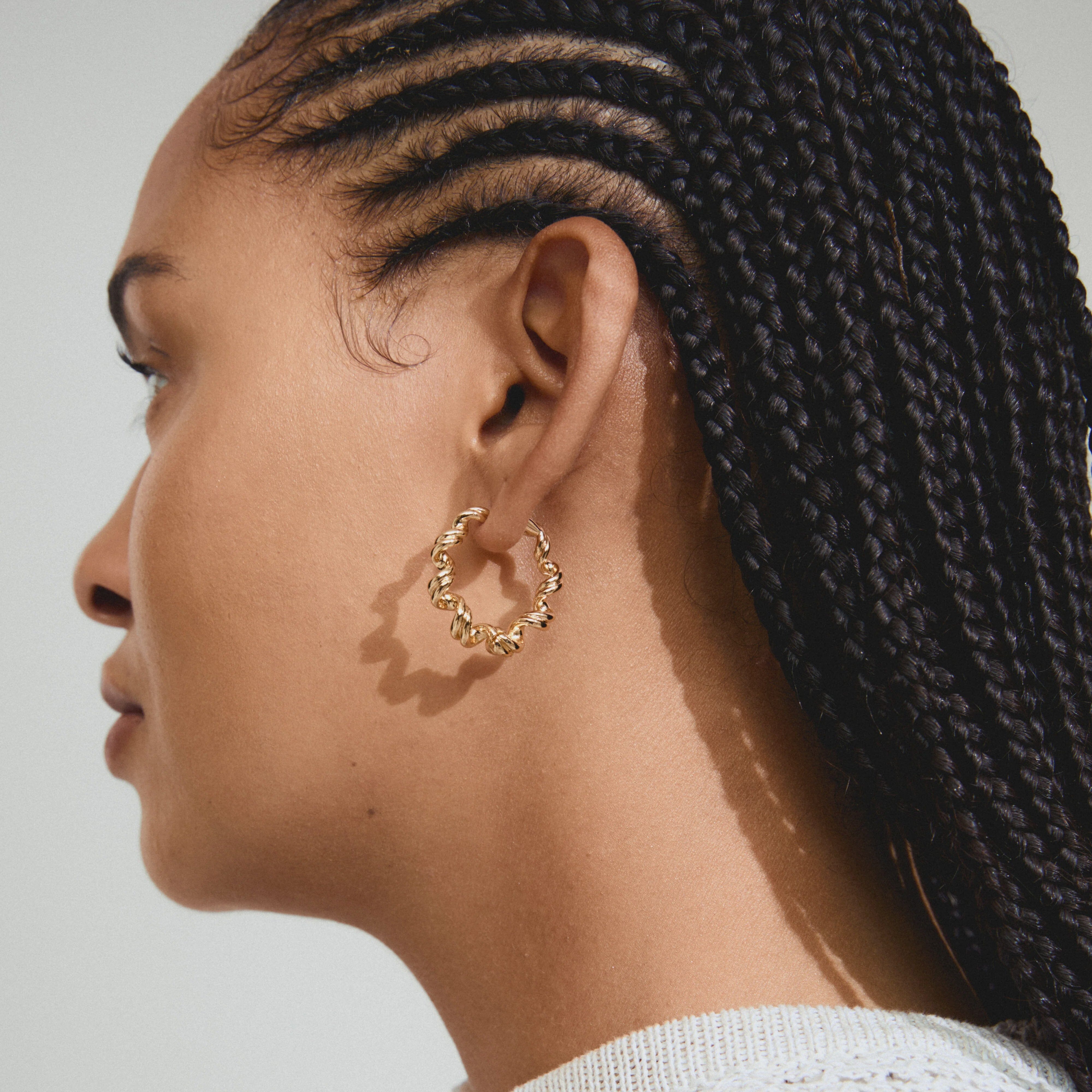 LARISA GOLD HOOPS, PILGRIM, twisted gold hoop earrings, textured gold hoops, sculptural gold plated earrings 