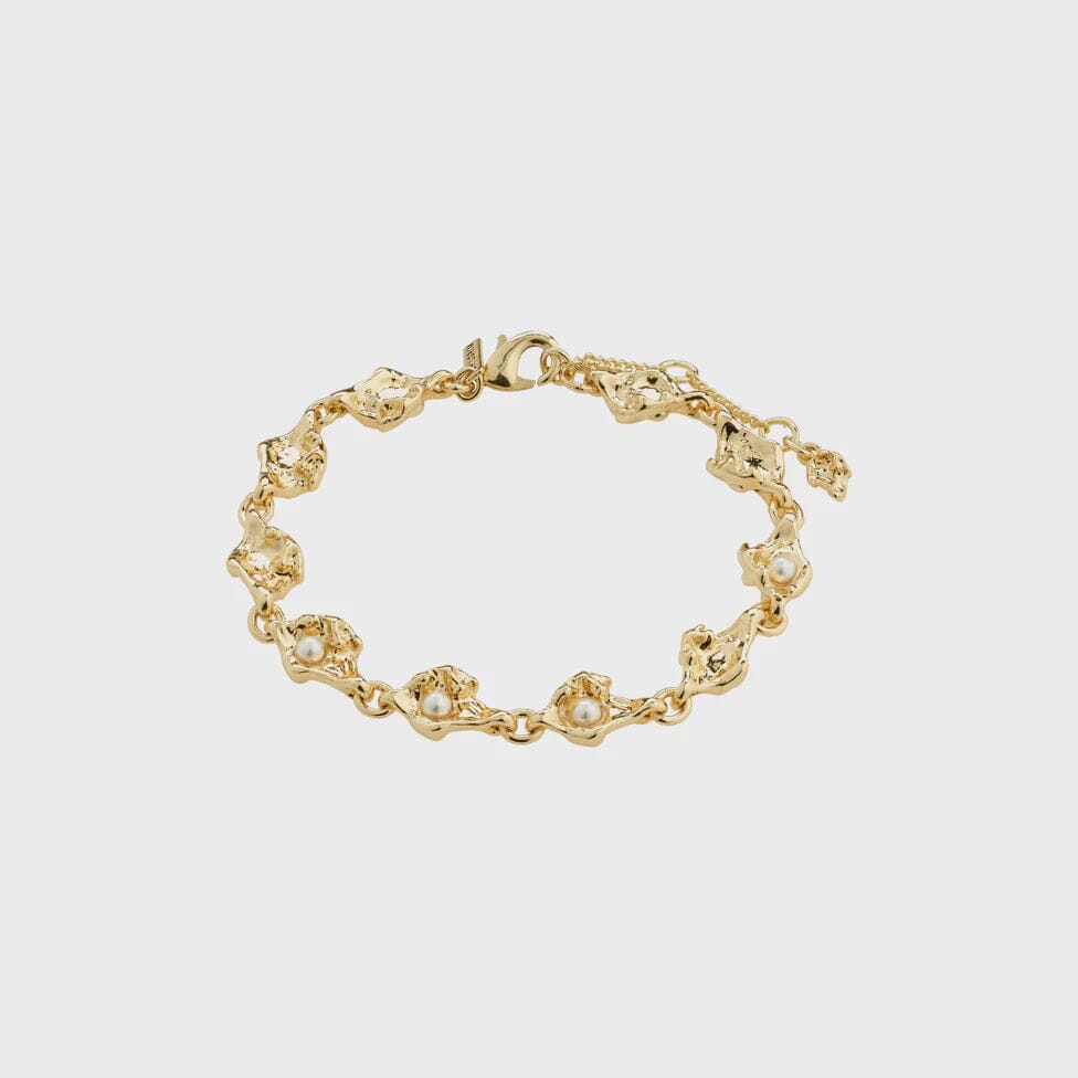 INAYA GOLD BRACELET, PILGRIM, gold pearl bracelet, textured gold chain bracelet, molten gold jewelry, elegant pearl accent bracelet