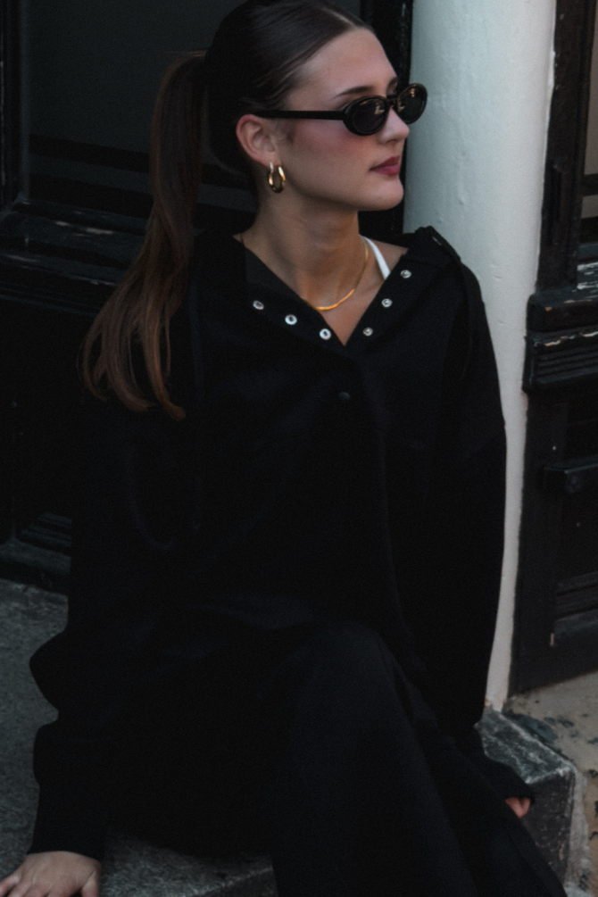 SOFT KNIT SNAP HOODIE- BLACK