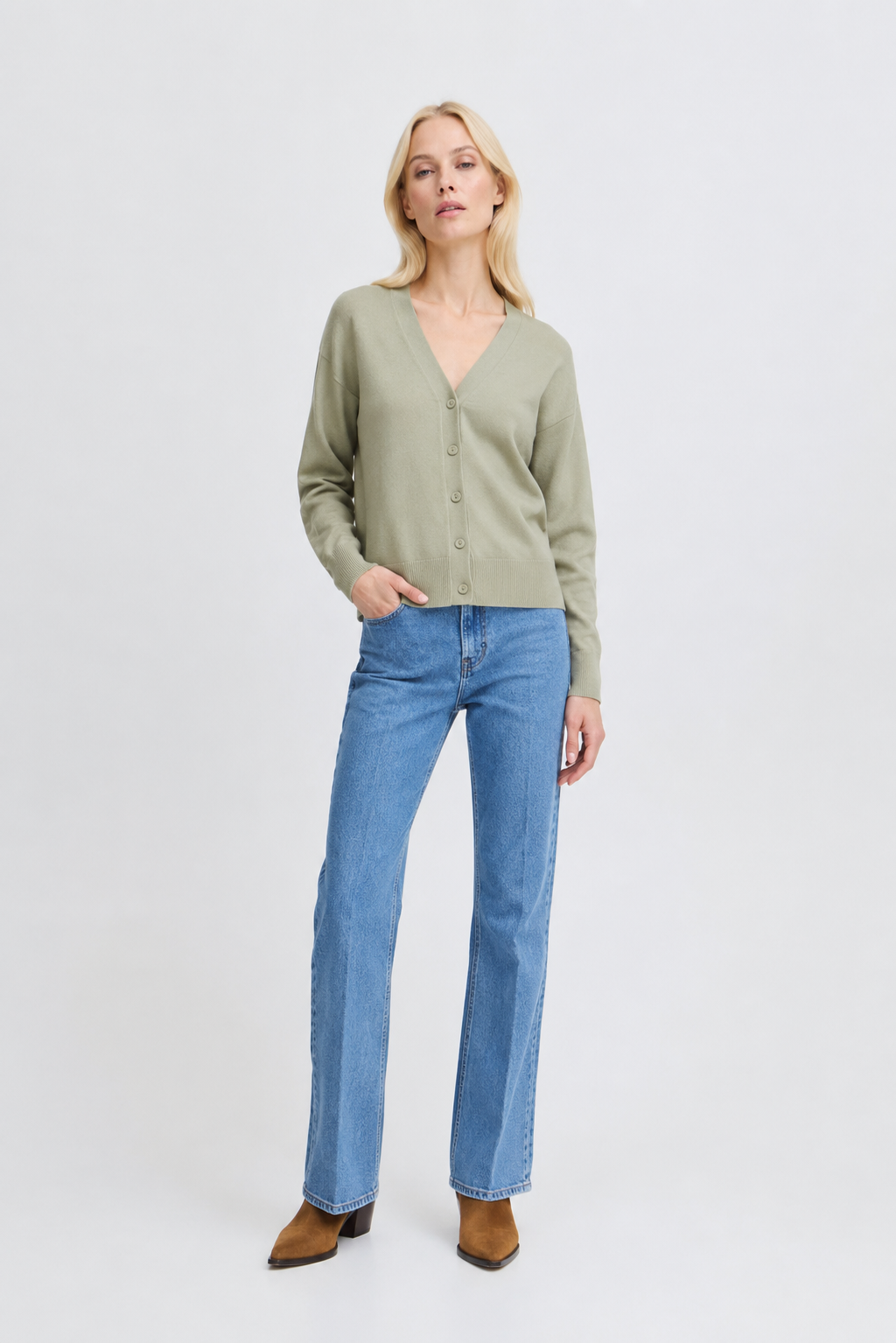 B Young moss green V neck button front cardigan women front view