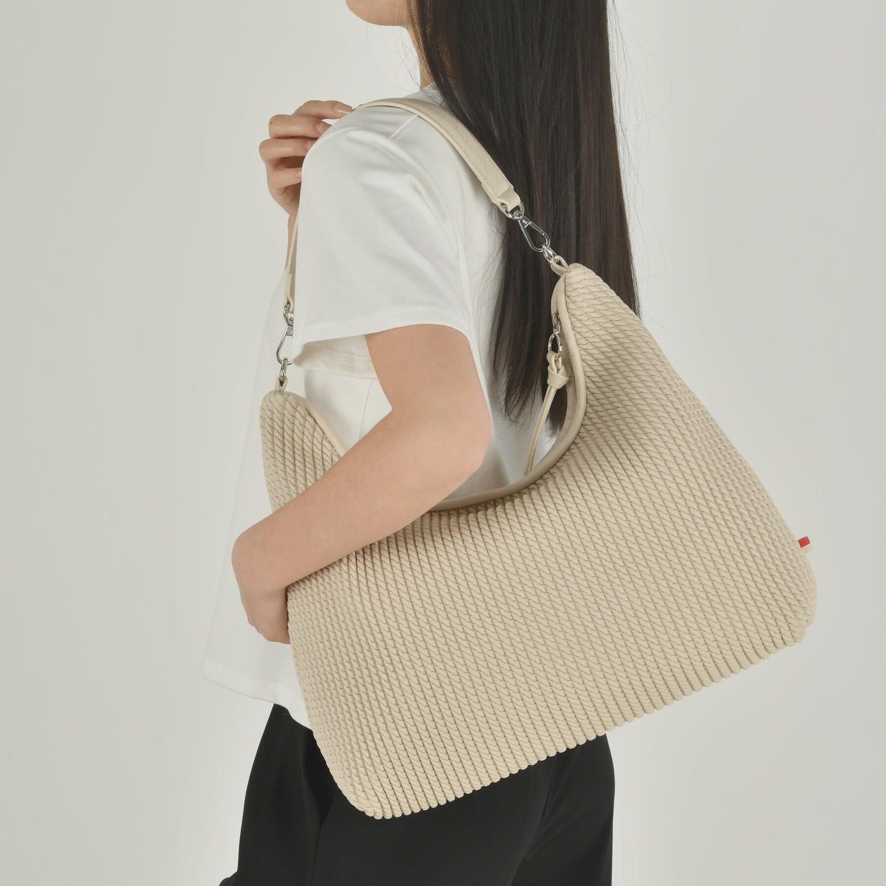 COLAB, bone shoulder bag, textured shoulder bag women, slouchy handbag neutral, beige woven bag