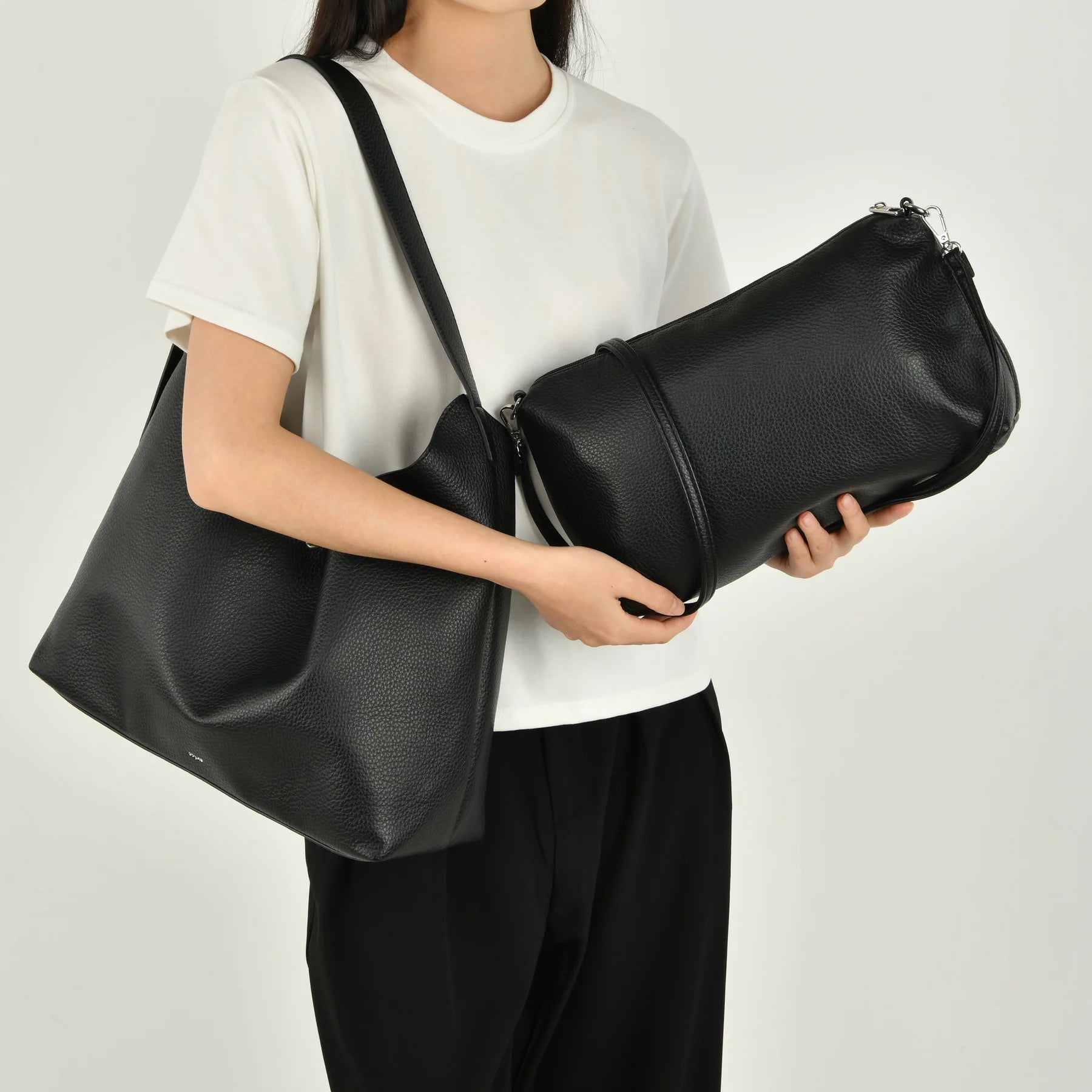 black tote with pouch, minimalist black tote, pebbled leather look tote, womens work bag black