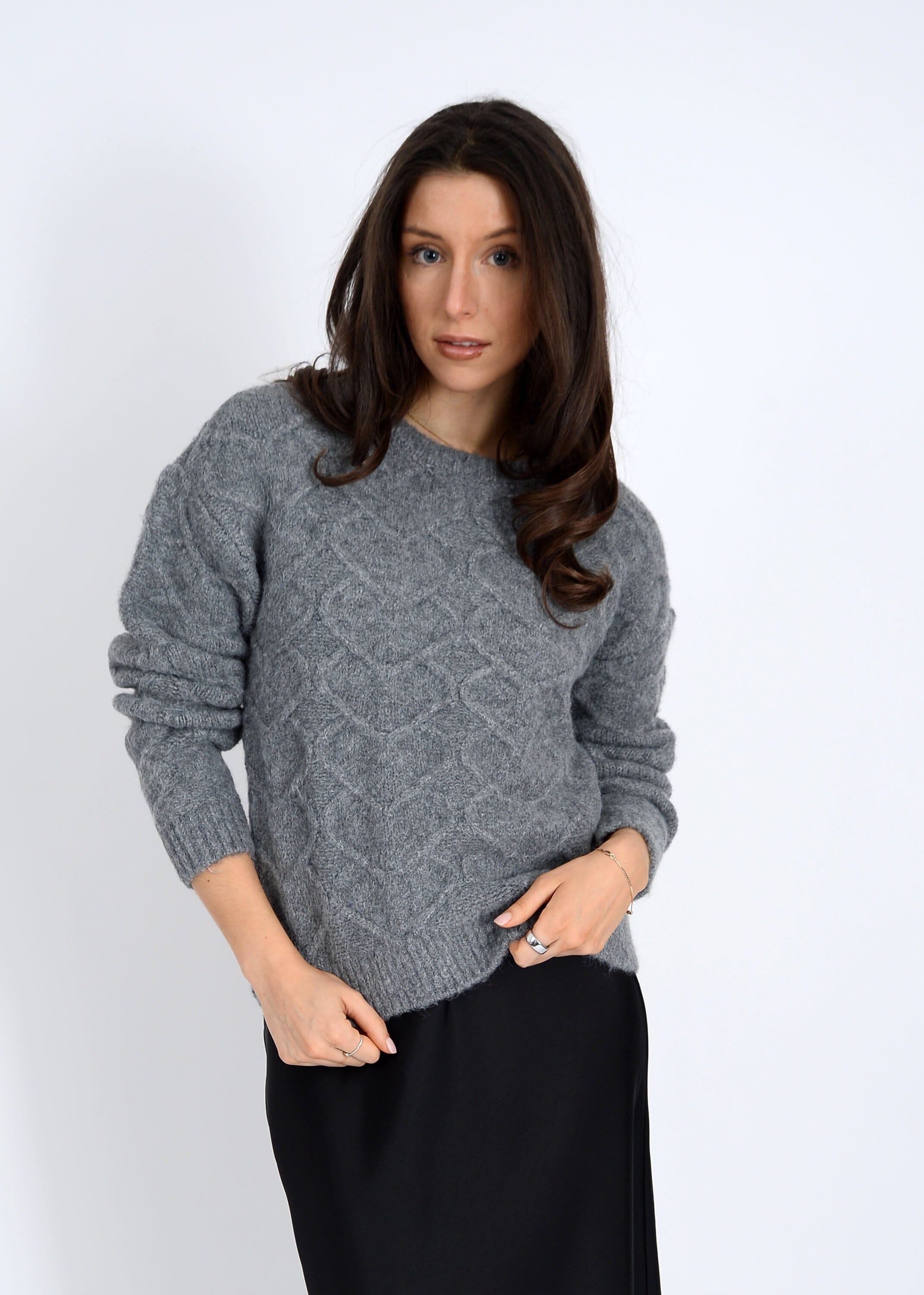 cozy grey winter sweater, textured knit sweater, soft grey crewneck knit