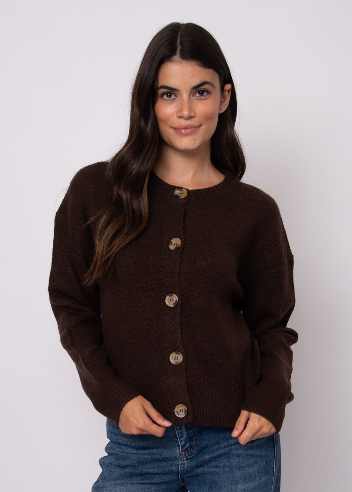 COFFEE BEAN CARDIGAN, RD STYLE, brown knit cardigan, espresso button sweater
