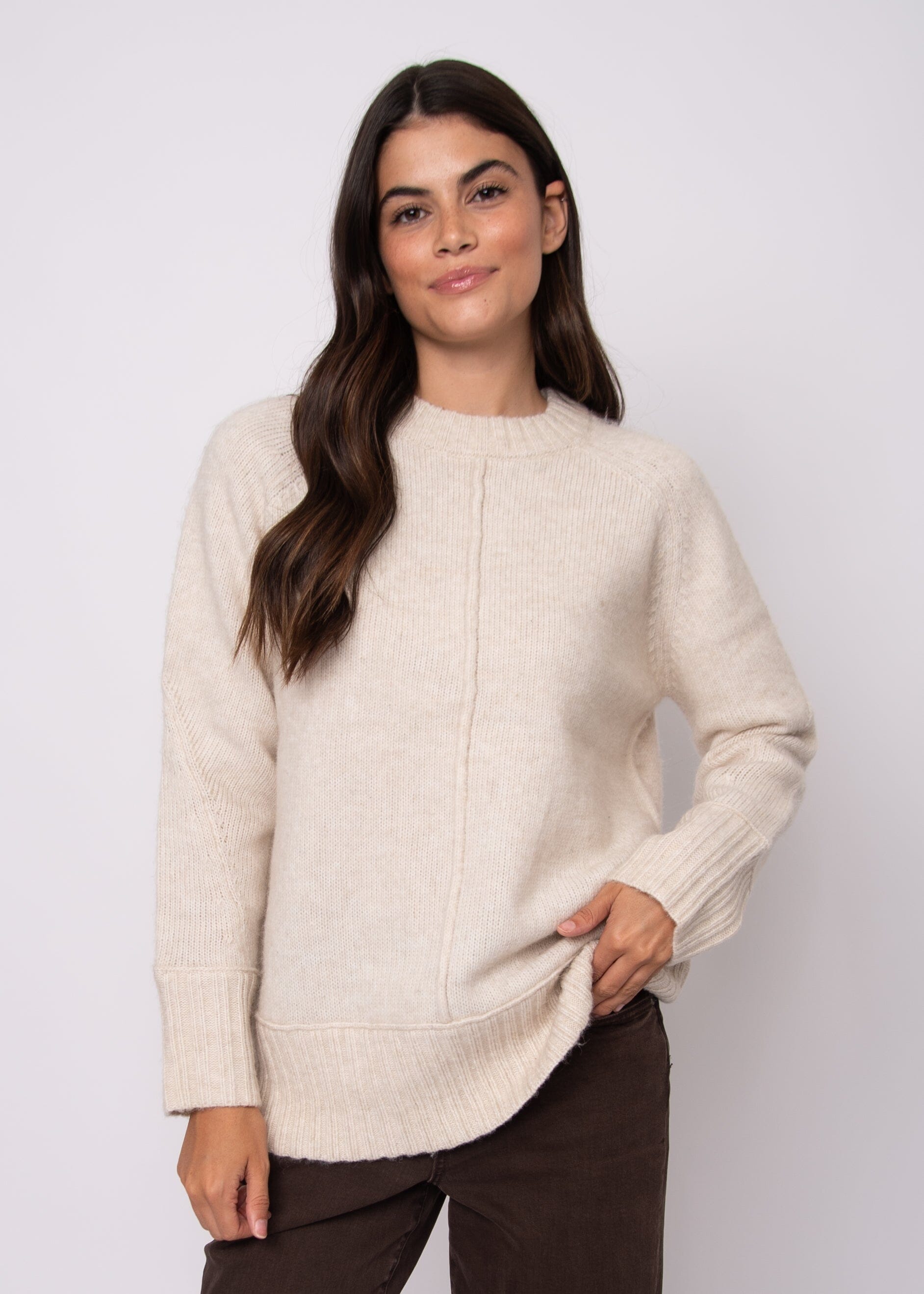 cozy neutral sweater, ivory crew neck