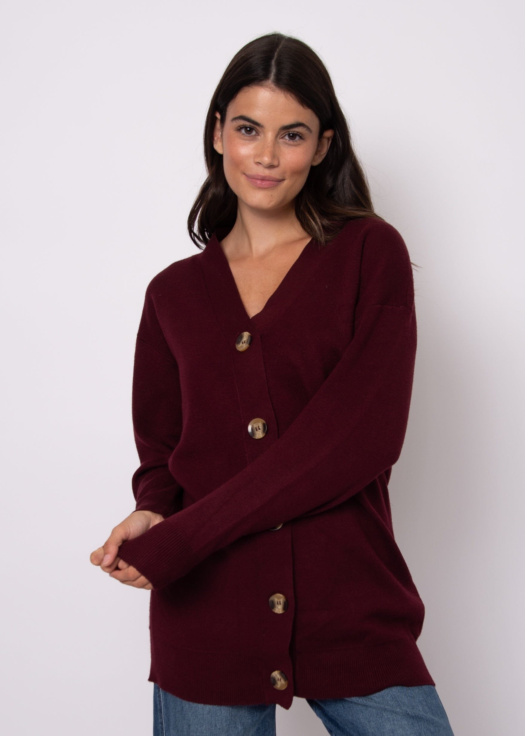 LONG BURGUNDY CARDIGAN, RD STYLE, burgundy knit cardigan, long cozy sweater, everyday burgundy layer, womens button front cardigan, soft knit long cardigan, fall winter cardigan