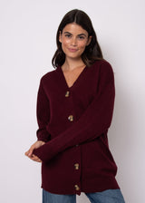LONG BURGUNDY CARDIGAN, RD STYLE, burgundy knit cardigan, long cozy sweater, everyday burgundy layer, womens button front cardigan, soft knit long cardigan, fall winter cardigan