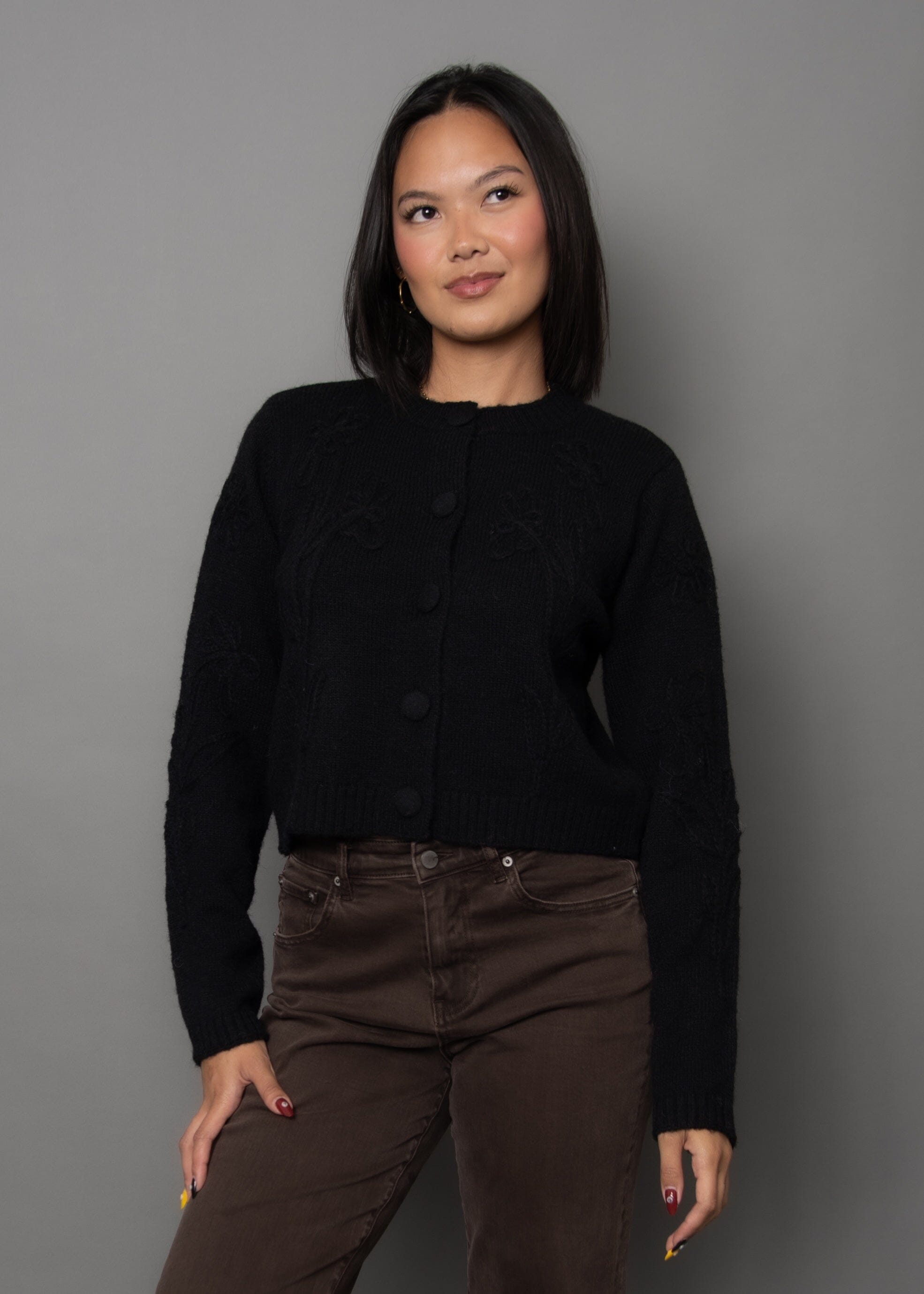 BLACK CREW NECK CARDIGAN, RD STYLE, black cropped cardigan, soft knit black sweater, everyday crew neck cardigan, womens black knit top, button front black cardigan, minimalist black sweater 