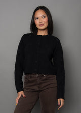 BLACK CREW NECK CARDIGAN, RD STYLE, black cropped cardigan, soft knit black sweater, everyday crew neck cardigan, womens black knit top, button front black cardigan, minimalist black sweater 