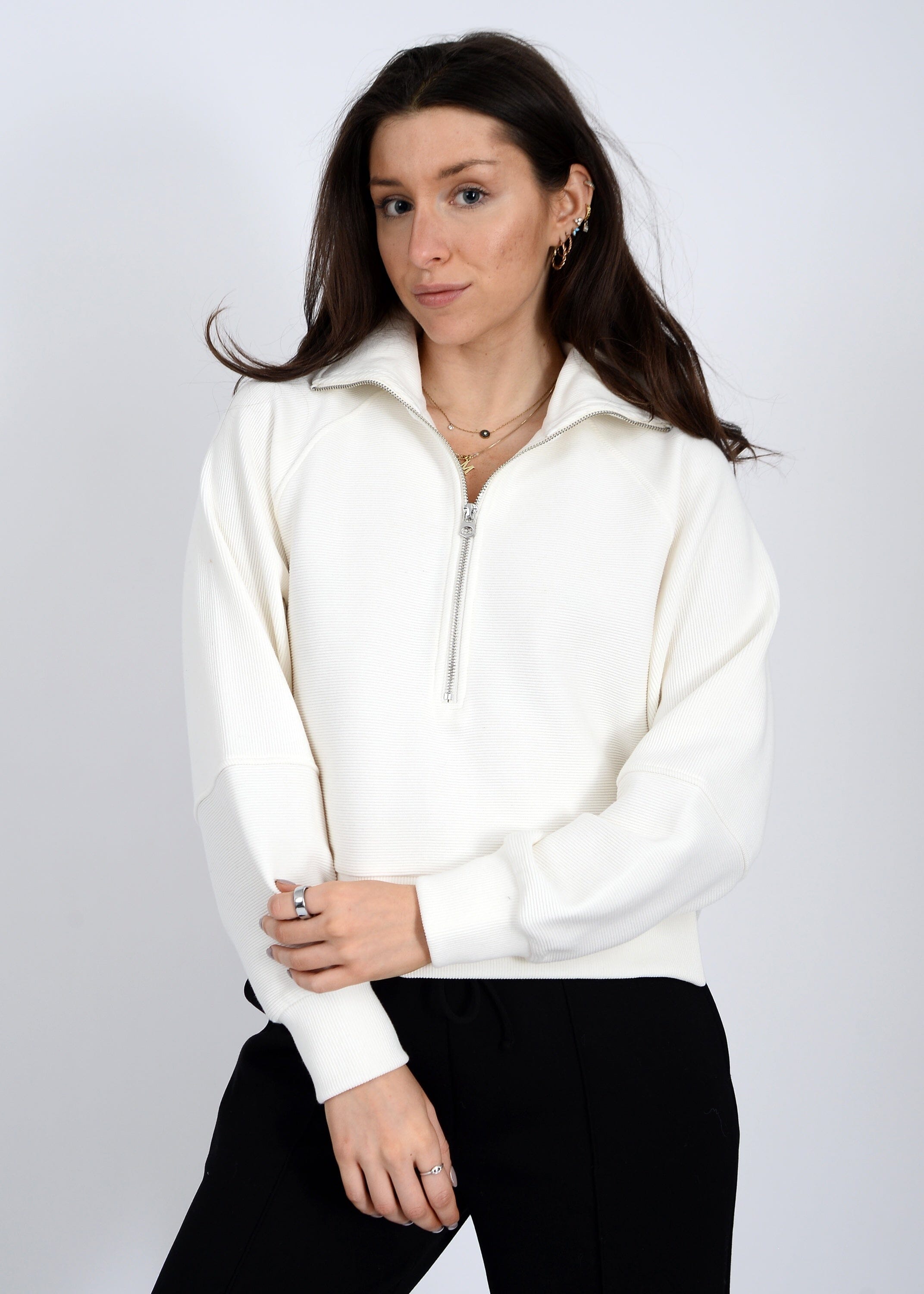 WHITE SOFT KNIT HALF ZIP SWEATER, RD STYLE, white half zip sweater, rib knit white sweater, cozy white pullover, womens zip collar knit, soft winter knit top, minimal everyday sweater