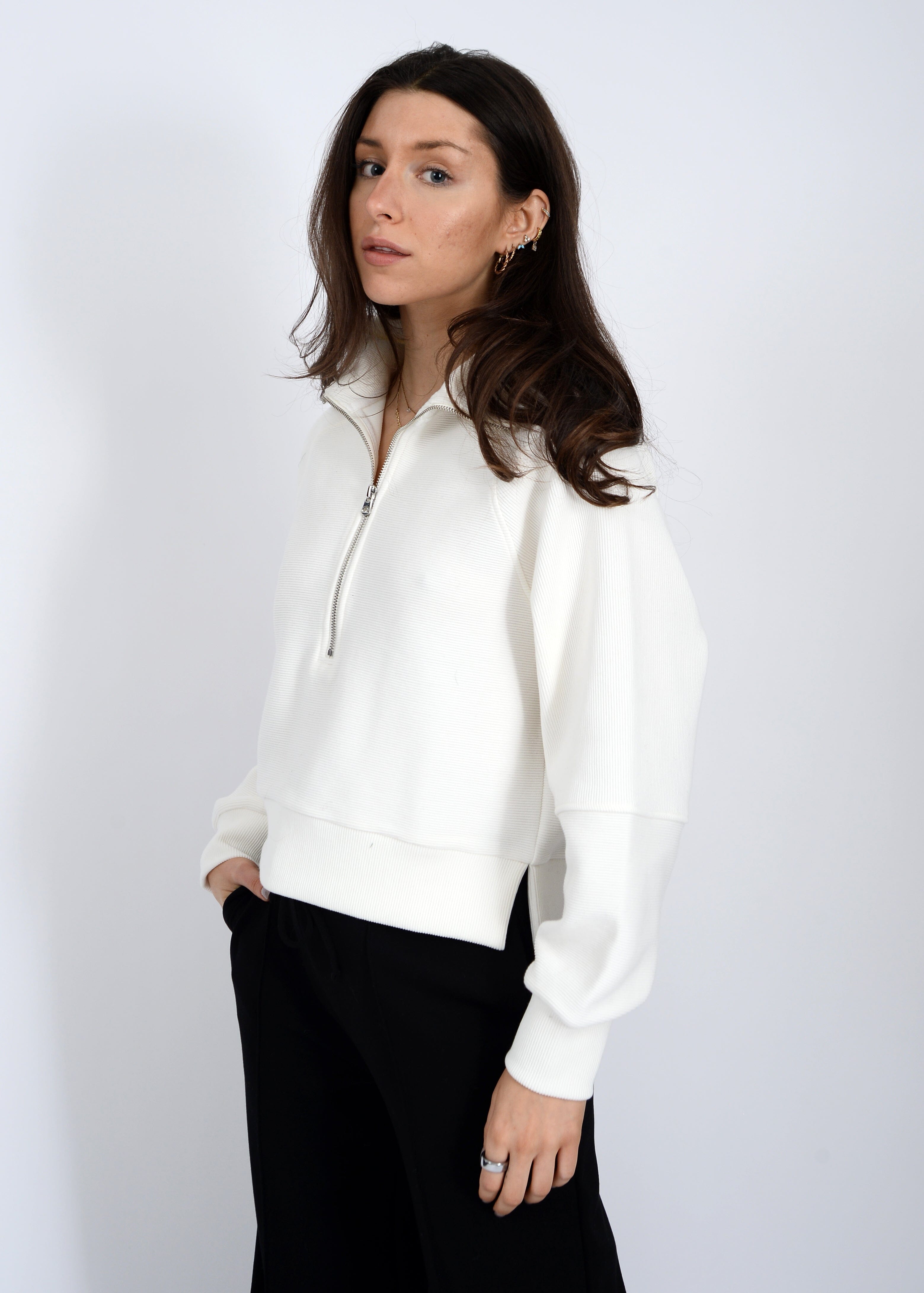 WHITE SOFT KNIT HALF ZIP SWEATER Sweater RD STYLE 