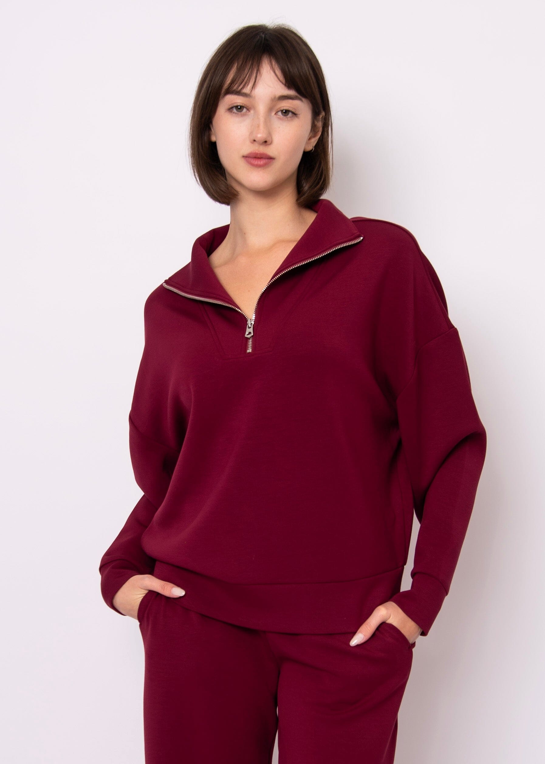 chic oxblood knitwear, warm red half zip sweater