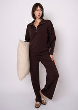 brown lounge top, deep brown half zip knit