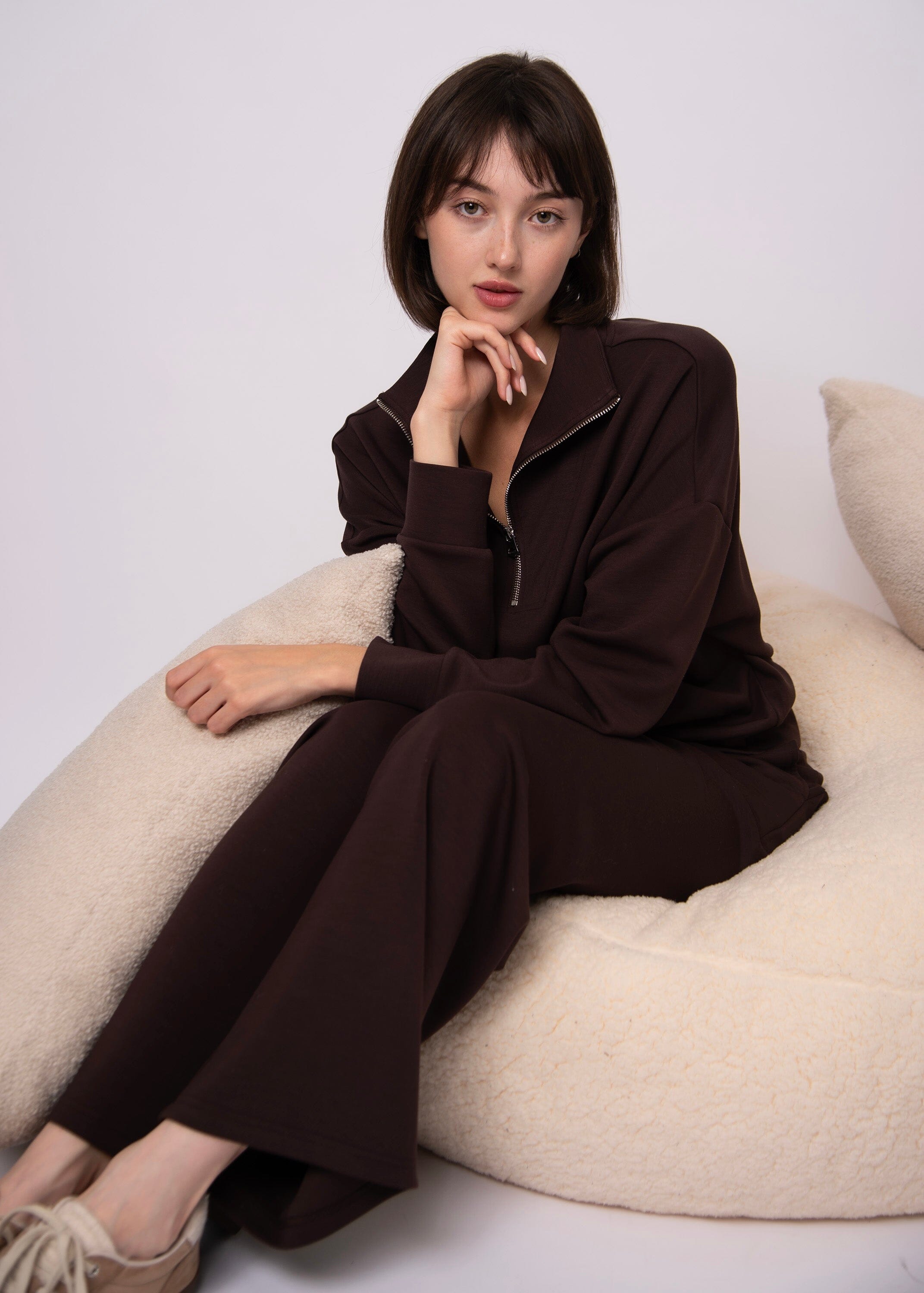 cozy brown lounge sweater, rich brown zip collar top