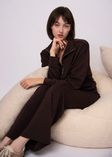 cozy brown lounge sweater, rich brown zip collar top