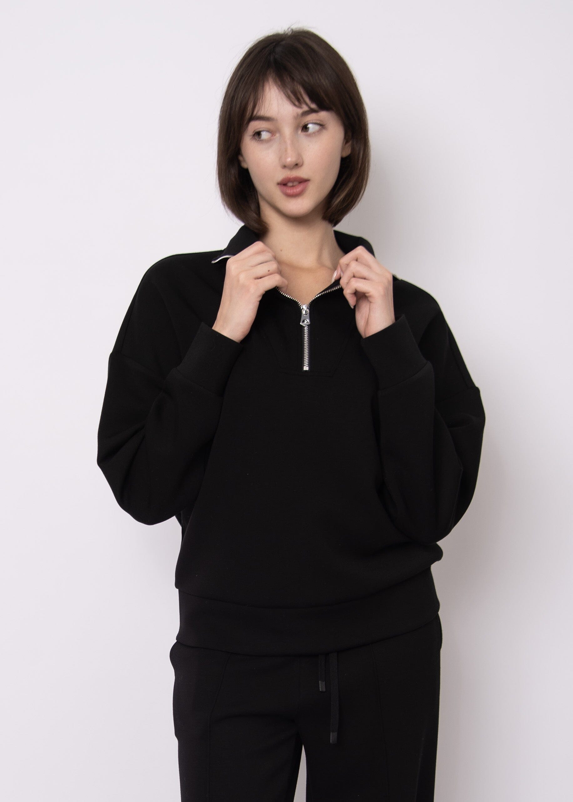 black zip pullover, women’s black lounge top, half zip black sweater