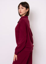 oxblood lounge top, deep red half zip knit, burgundy cozy pullover, women’s soft knit zip collar top