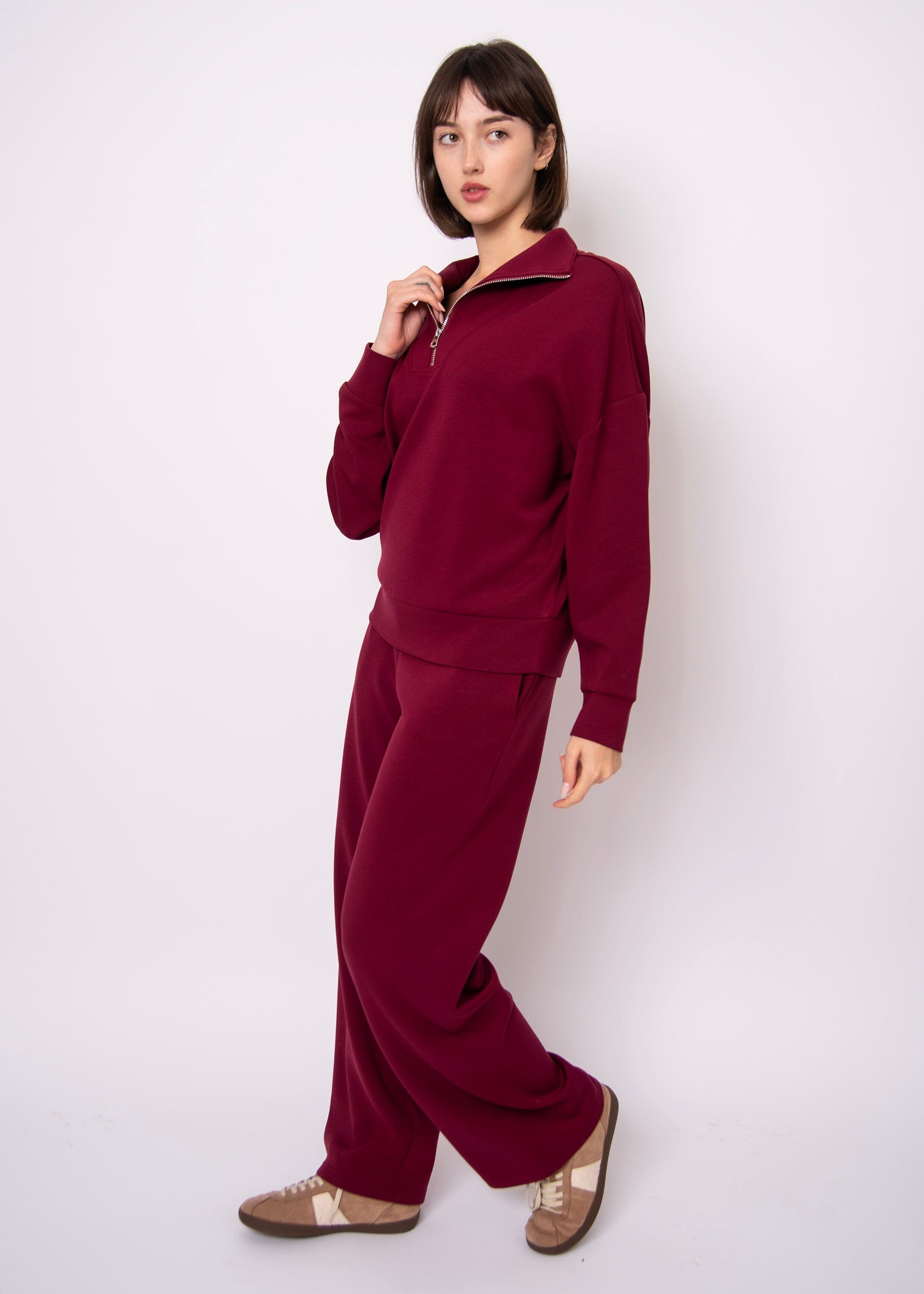 oxblood lounge pants, women’s burgundy knit pants