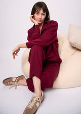 soft red straight leg pants, oxblood casual knit pants