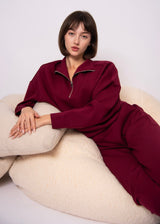rich red half zip top, minimalist burgundy pullover