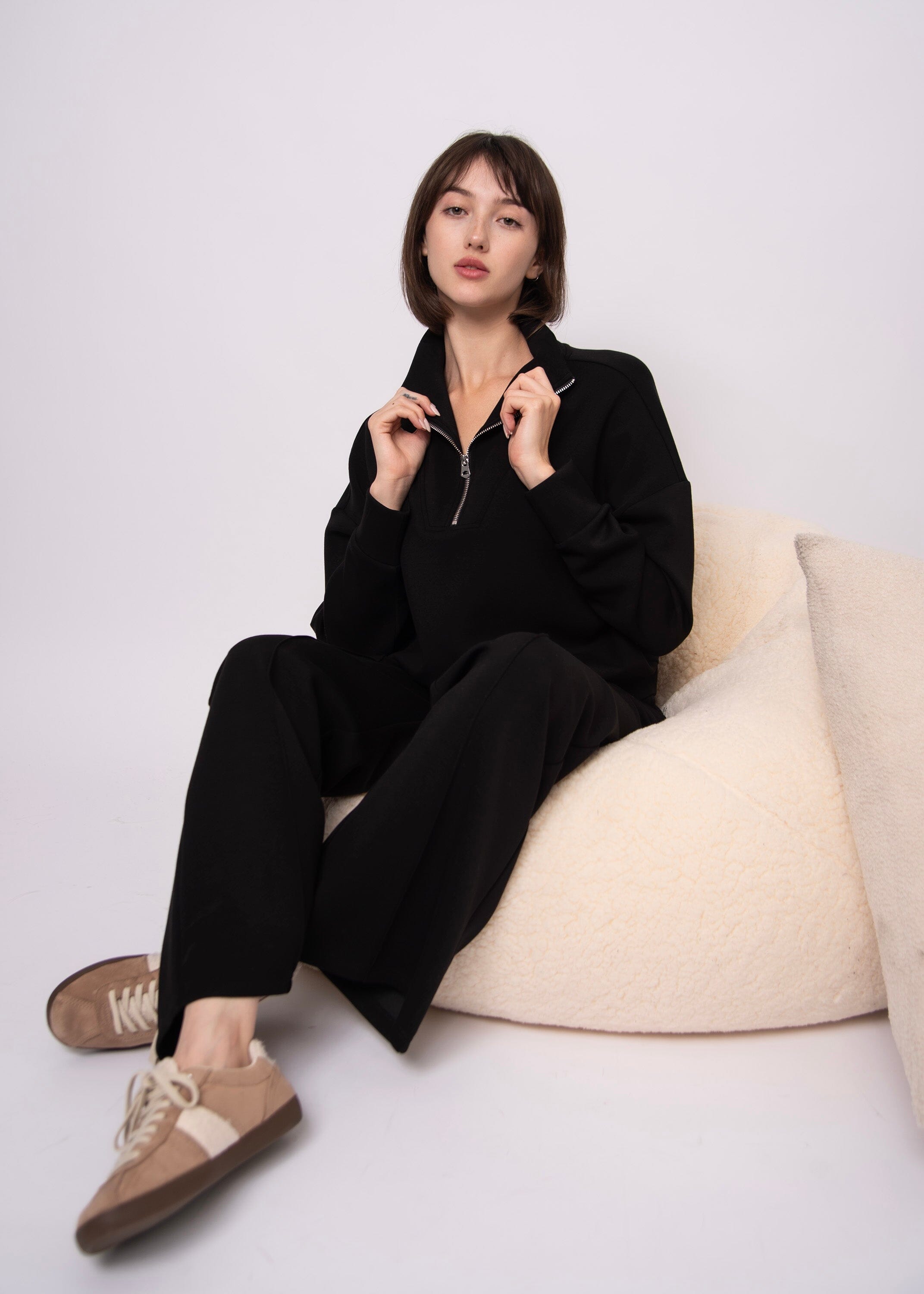 black half zip loungewear, women’s cozy black pullover