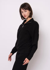 minimalist black pullover, casual black zip collar top