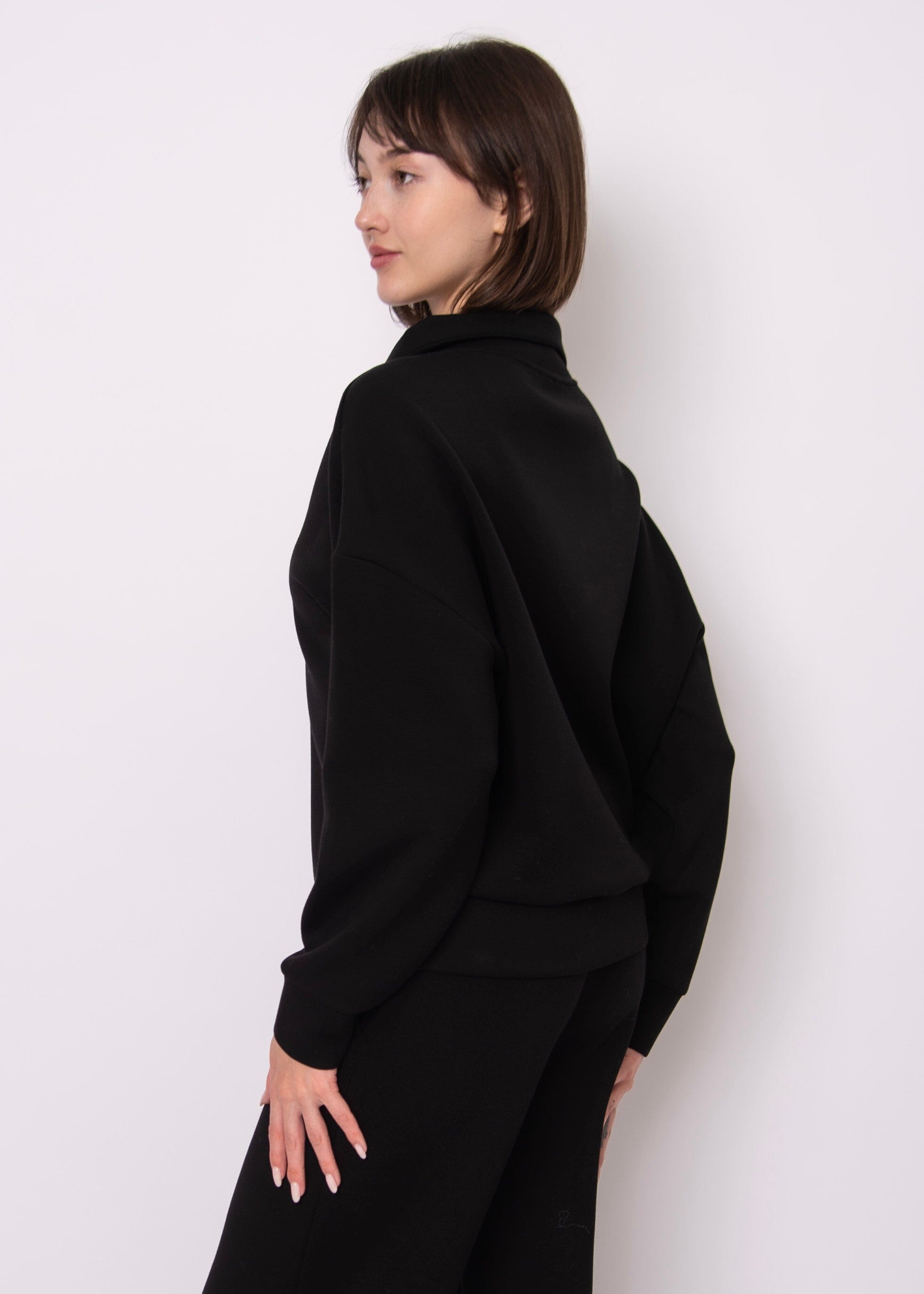 soft black loungewear top, chic black zip sweatshirt