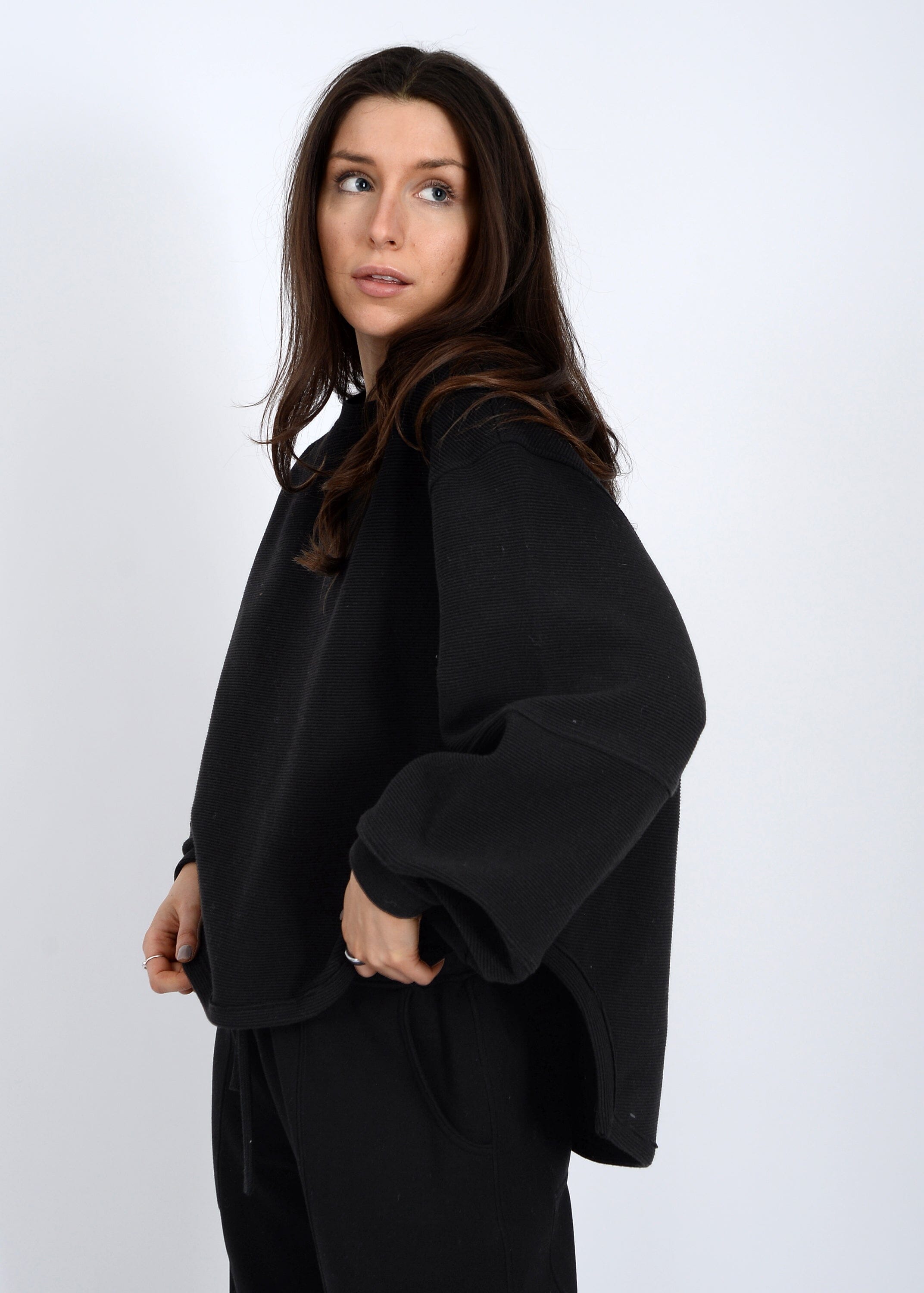 minimalist black sweater, soft knit lounge pullover
