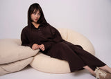 chic brown knit trousers, brown straight leg lounge pants, chocolate casual knit pants