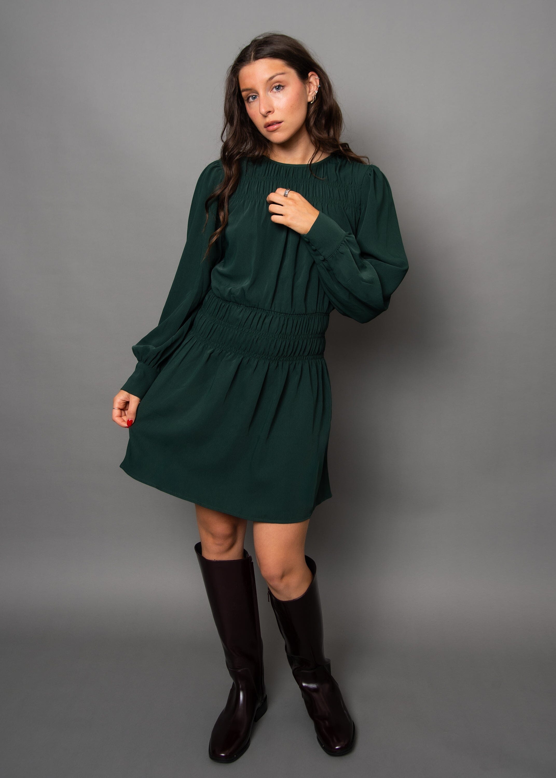 GREEN SHIRRED MINI DRESS, RD STYLE 