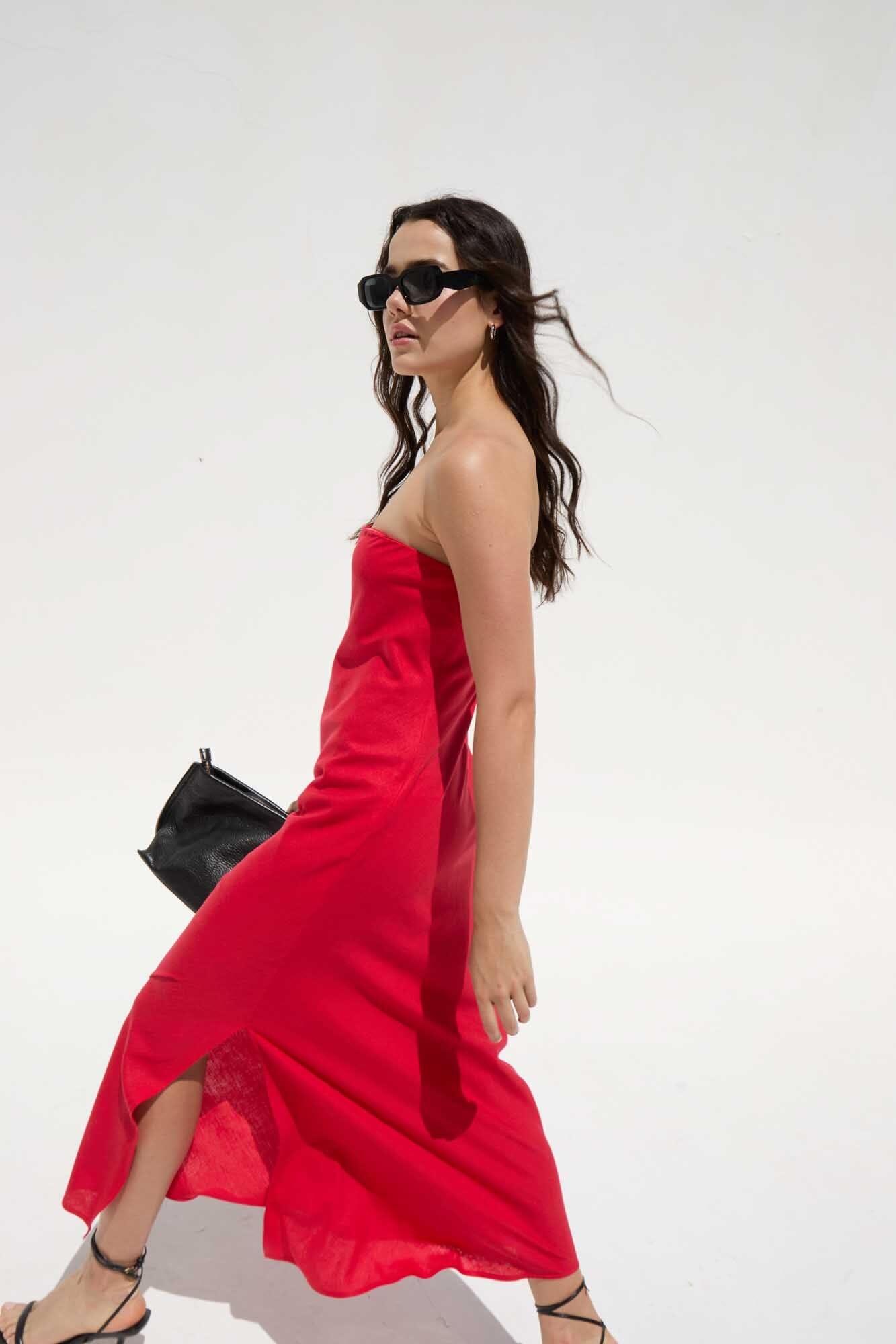 RED STRAPLESS DRESS, DELUC 