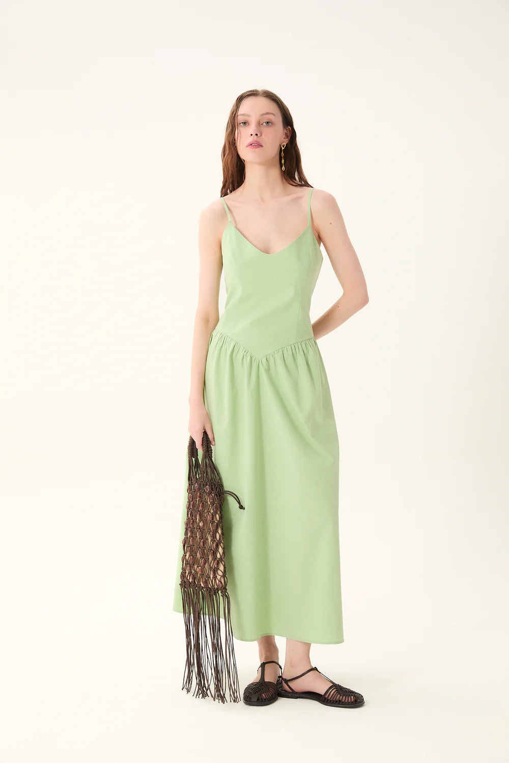 minimalist midi dress, soft green sundress, v neckline slip dress, effortless summer outfit dress, casual chic midi dress, breathable lightweight dress