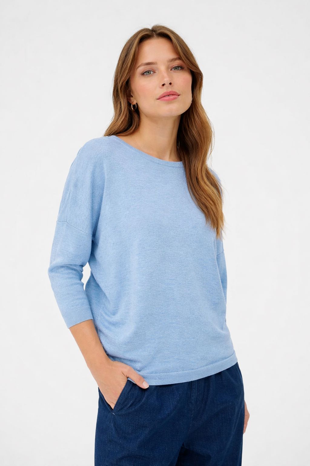 3/4 SLEEVE KNIT PULLOVER (BLUE)