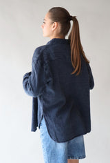 NAVY GAUZE LONG SLEEVE BUTTON DOWN Top RD STYLE 