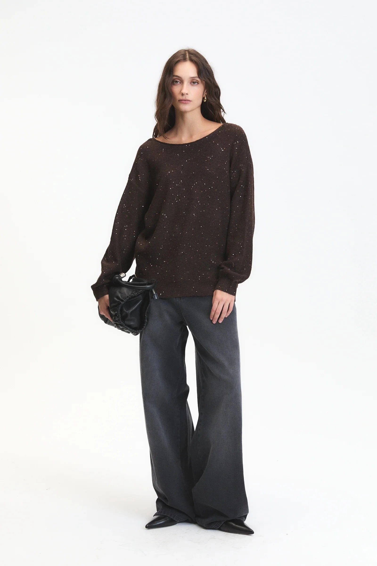 shimmer knit sweater, cozy brown pullover