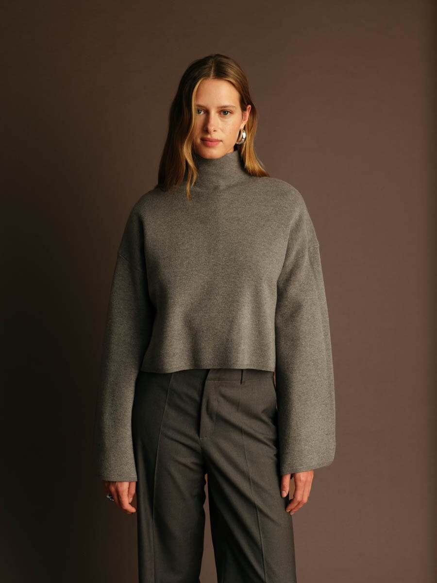 CHUCK GREY TURTLENECK SWEATER, DELUC, cozy cropped sweater for women