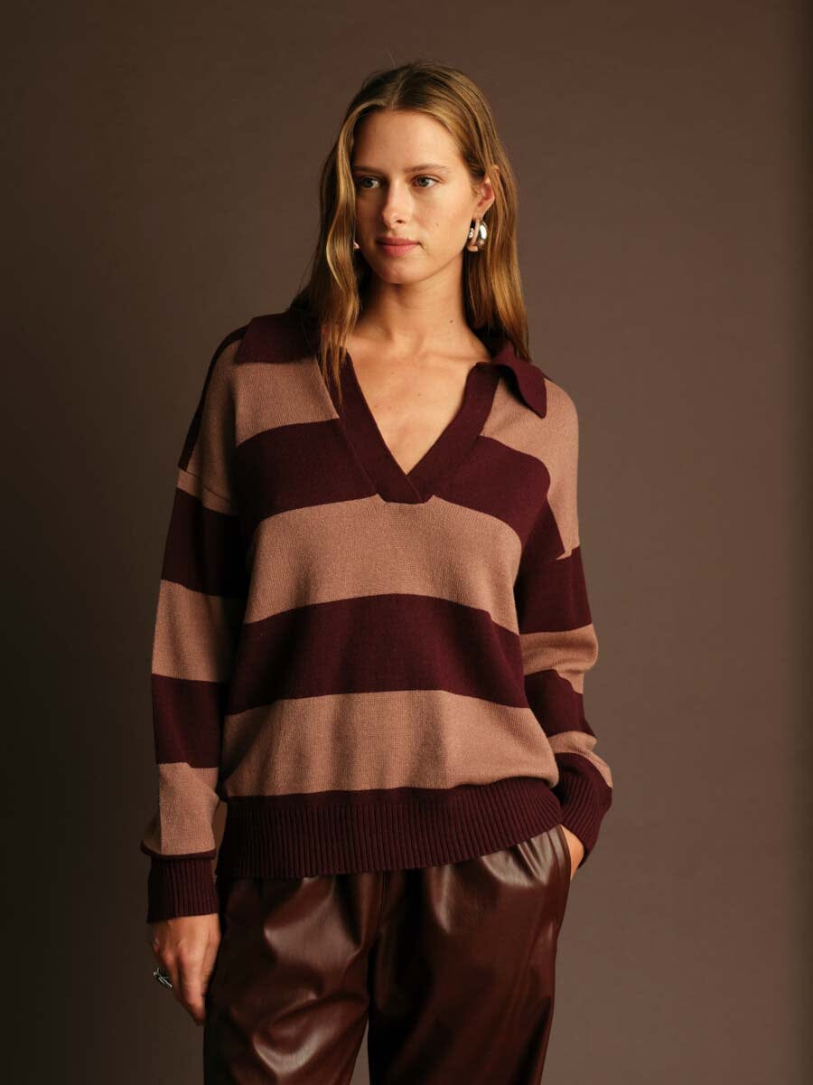 WINE STRIPE POLO SWEATER, DELUC, striped knit sweater, wine and taupe pullover 