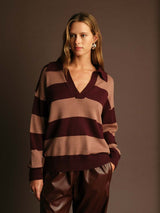 WINE STRIPE POLO SWEATER, DELUC, striped knit sweater, wine and taupe pullover 