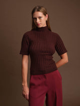 OLIVER CACAO TURTLENECK KNIT TOP, DELUC, mock neck knit top brown