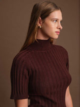 womens brown ribbed turtleneck top, short sleeve knit top cacao