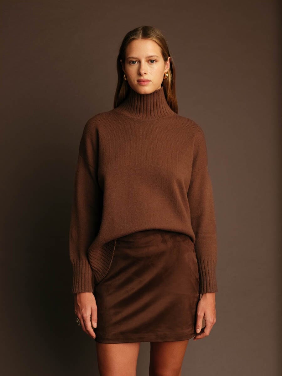 PETA CHOCOLATE KNIT TURTLENECK SWEATER, DELUC, chocolate brown turtleneck, knit turtleneck sweater