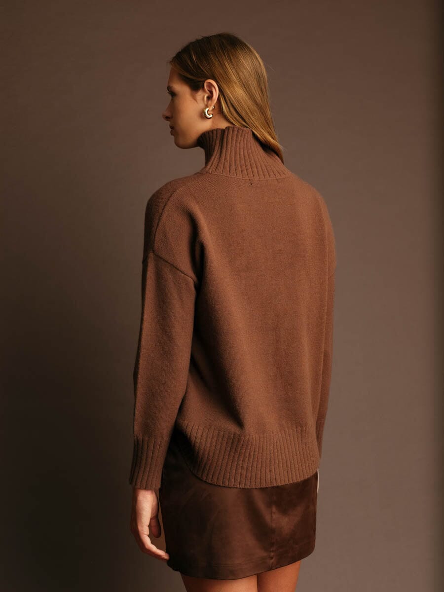 chocolate knit pullover, brown cozy turtleneck, winter layering sweater