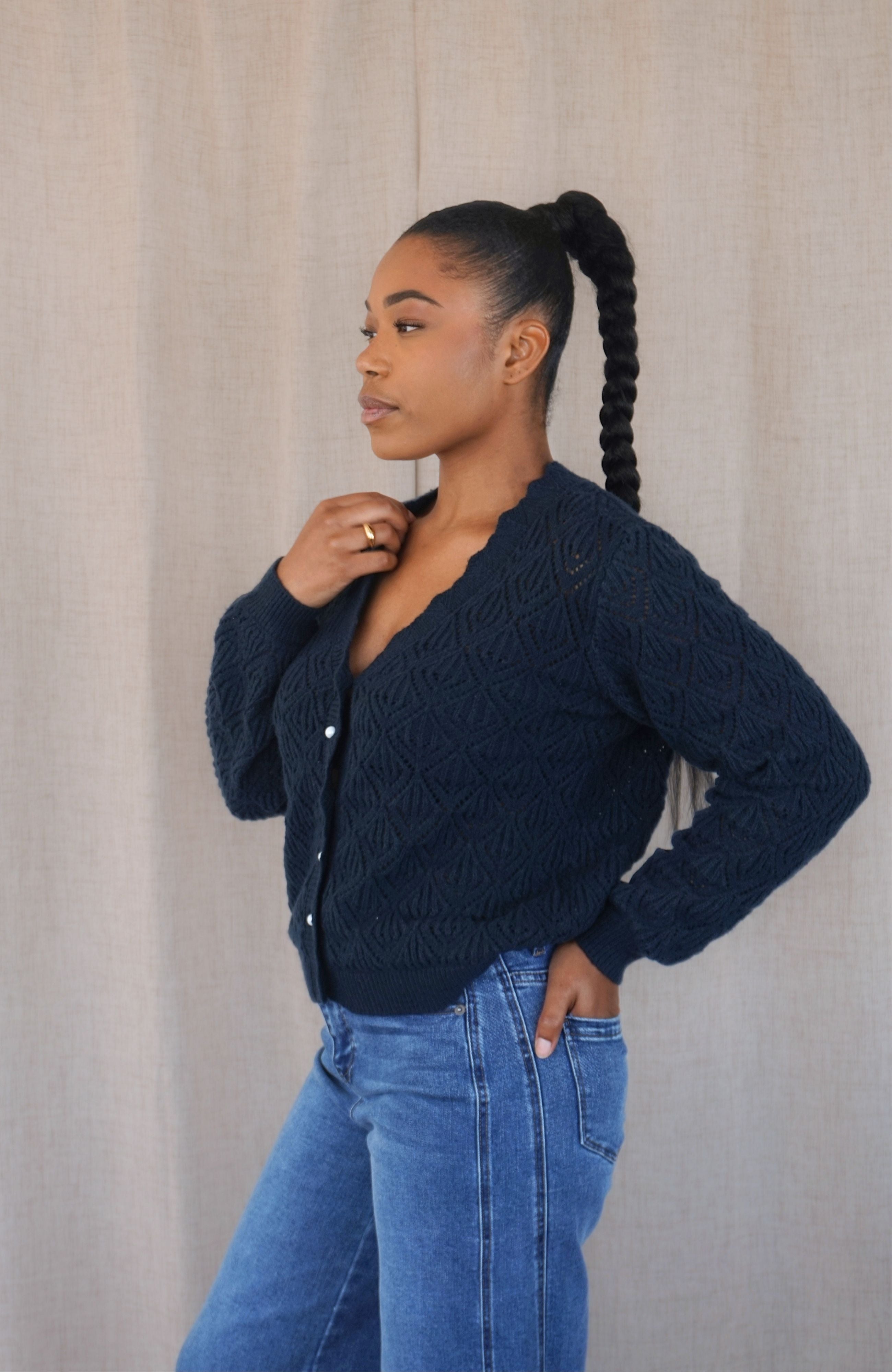 NAVY POINTELLE CARDIGAN