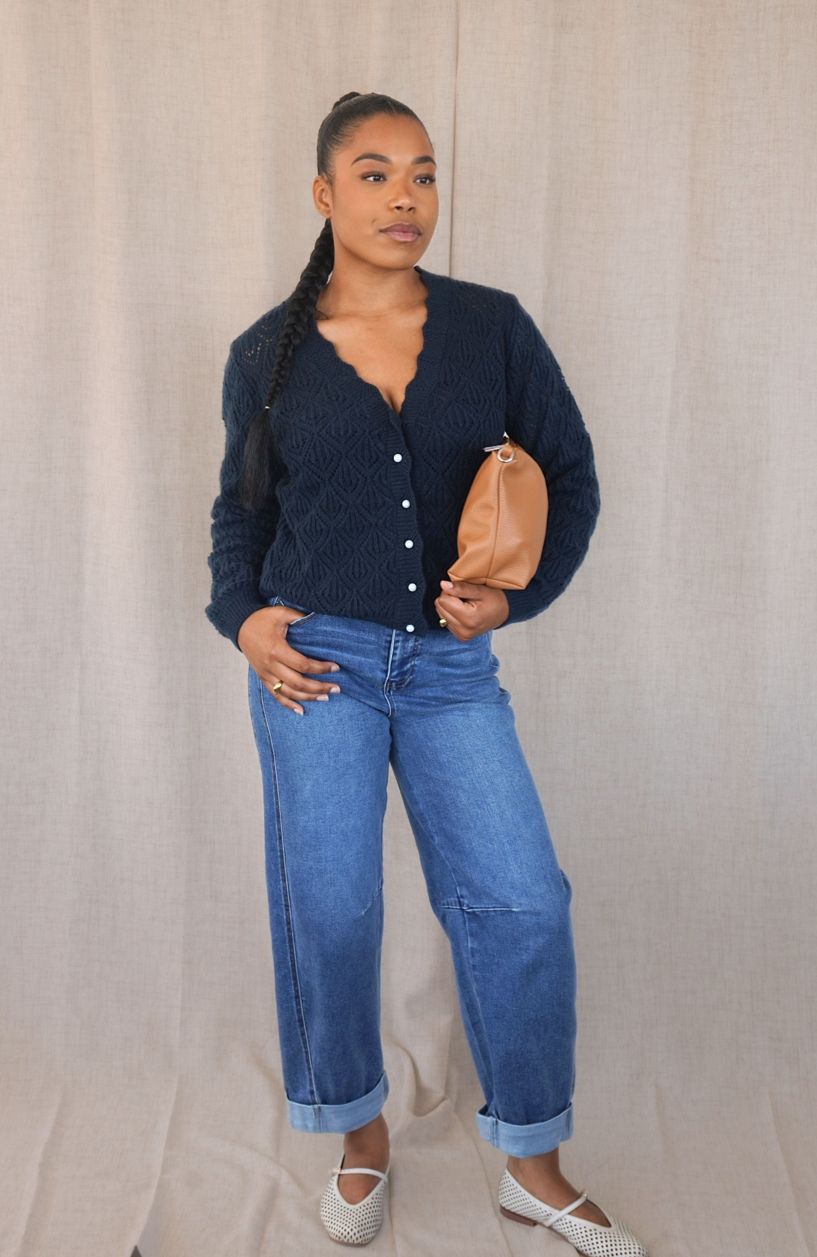NAVY POINTELLE CARDIGAN